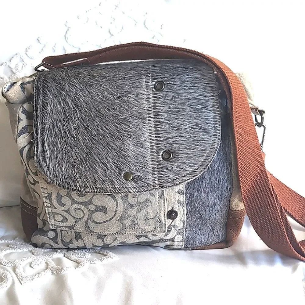Myra Calf Hair/Canvas Distressed Crossbody Messenger Bag